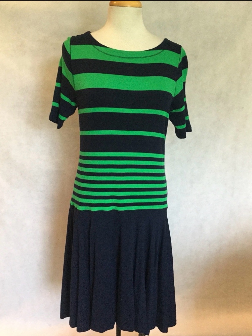 Lauren Jeans Co Green and Navy Striped Short Sleeve Midi Dress